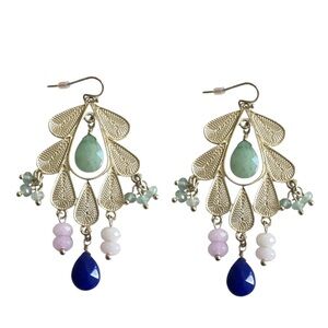 ANTHROPOLOGIE Purple Green Blue Gem Stone Chandelier Gold Tone Dangle Earrings